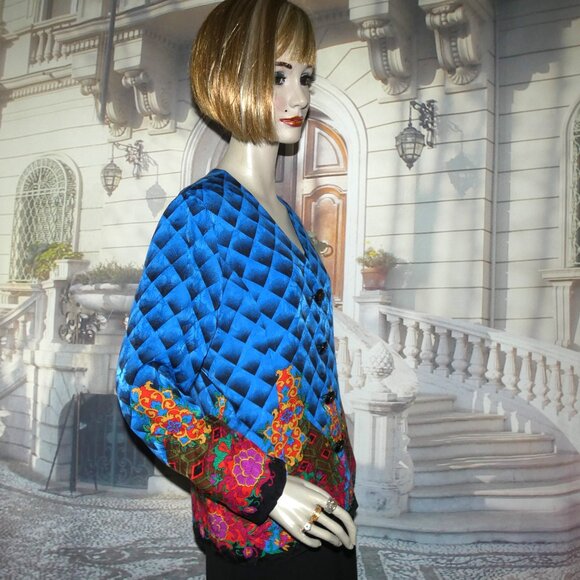 Anne Crimmins Silk Blazer Jacket Silk Lined Sz 16 Blue with Rainbow Color Design - Picture 7 of 9